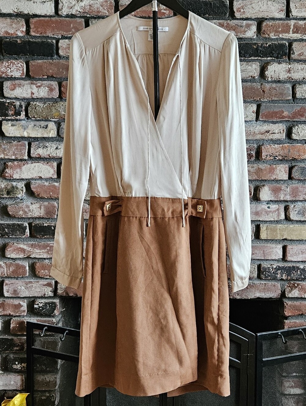Diane Von Furstenberg Cream and Brown Long-Sleeve Faux Wrap Dress